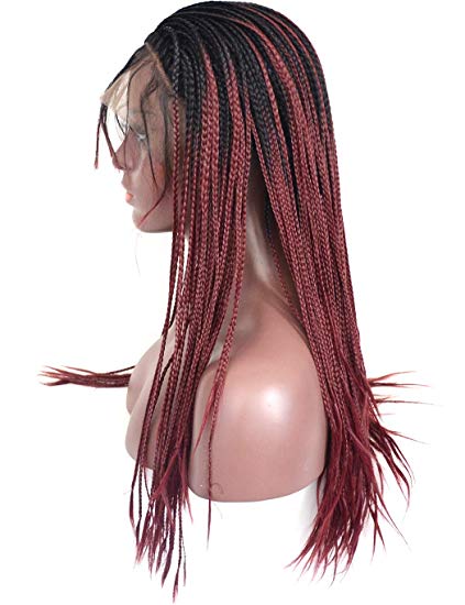 Bluple Ombre Wine Red Micro Braided Lace Front Wigs Dark Roots Burgundy Synthetic Heat Resistant 