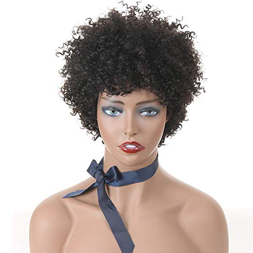 YAMI 6 inch Afro Curly Pixie Virgin Remy Human Hair Wig Natural Colour  Peruvian Kinky Curly Virgin Hair Wig (H-10) 