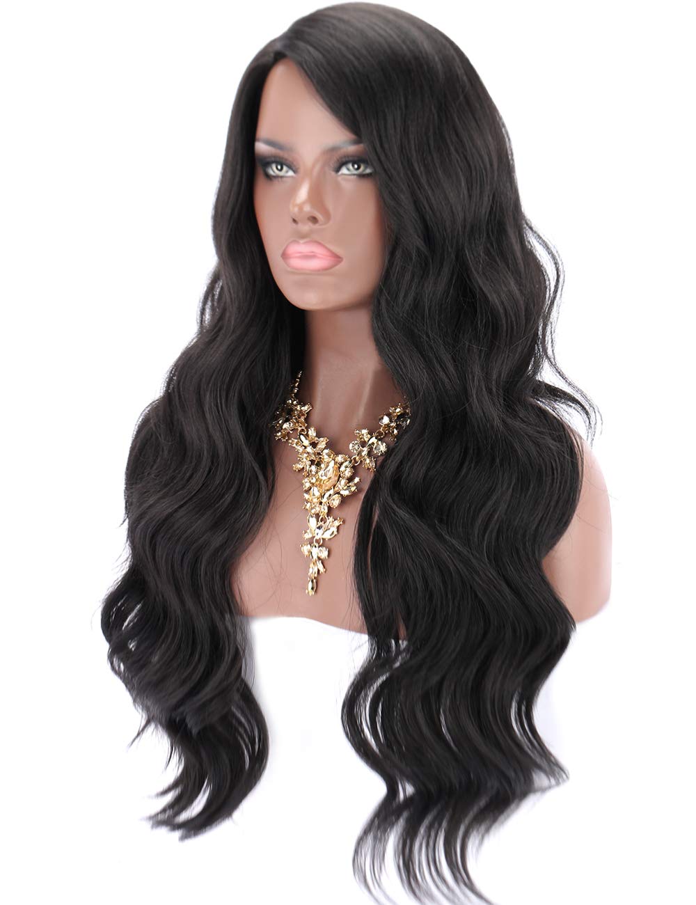 Kalyss 28 Black Yaki Synthetic Hair Wigs For Women Long Body Wavy Curly Wigs L Parting Natural 7768