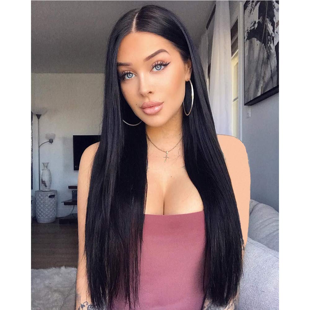 Stamped Glorious Black Wig Long Straight Middle Part Wigs For Women Synthetic 30 Inch Women Long