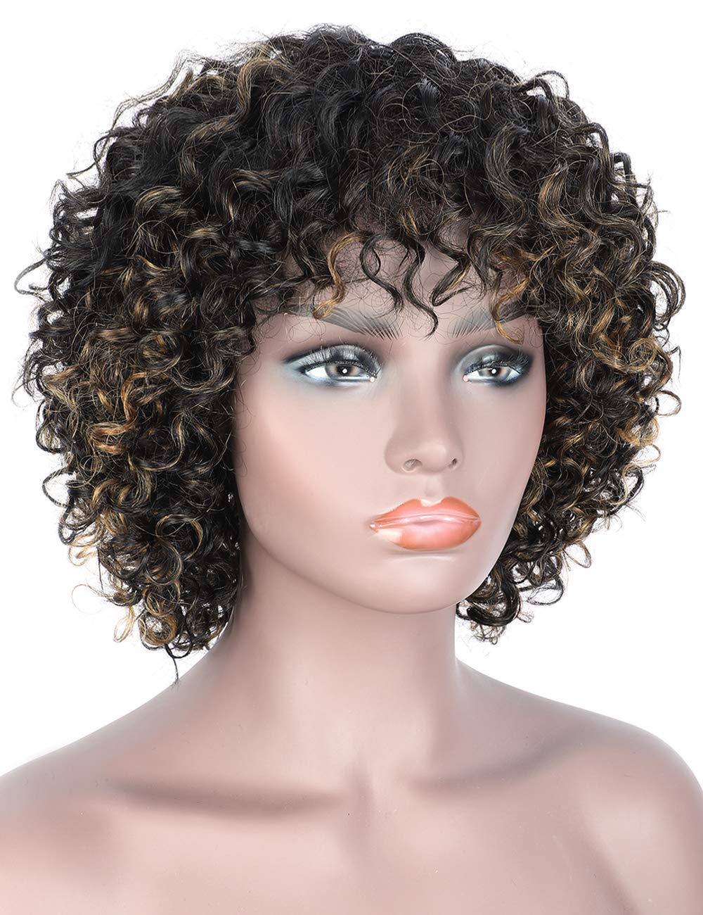 Beauart Short Black And Brown Highlights Deep Small Curly 100 Brazilian Remy Human Hair Wigs For 