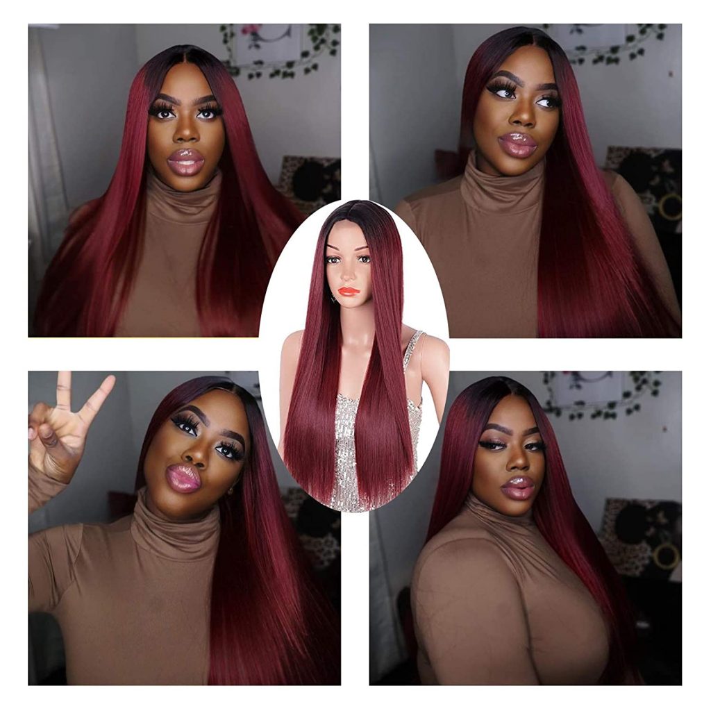 Stamped Glorious Ombre Burgundy Wine Red Wig Long Straight Middle Part ...