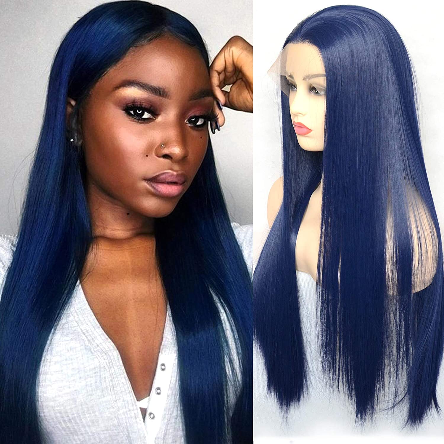 BLUPLE Fashion Blue Synthetic T Lace Front Wigs Silky Straight Drak Blue  Trendy Heat Resistant Hair Half Hand Tied Wig 