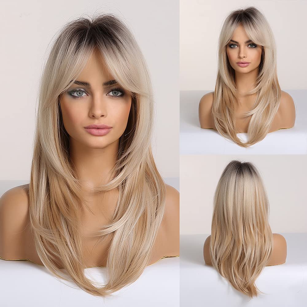 Haircube Long Layered Synthetic Hair Wigs For Women Blonde With Dark Roots 