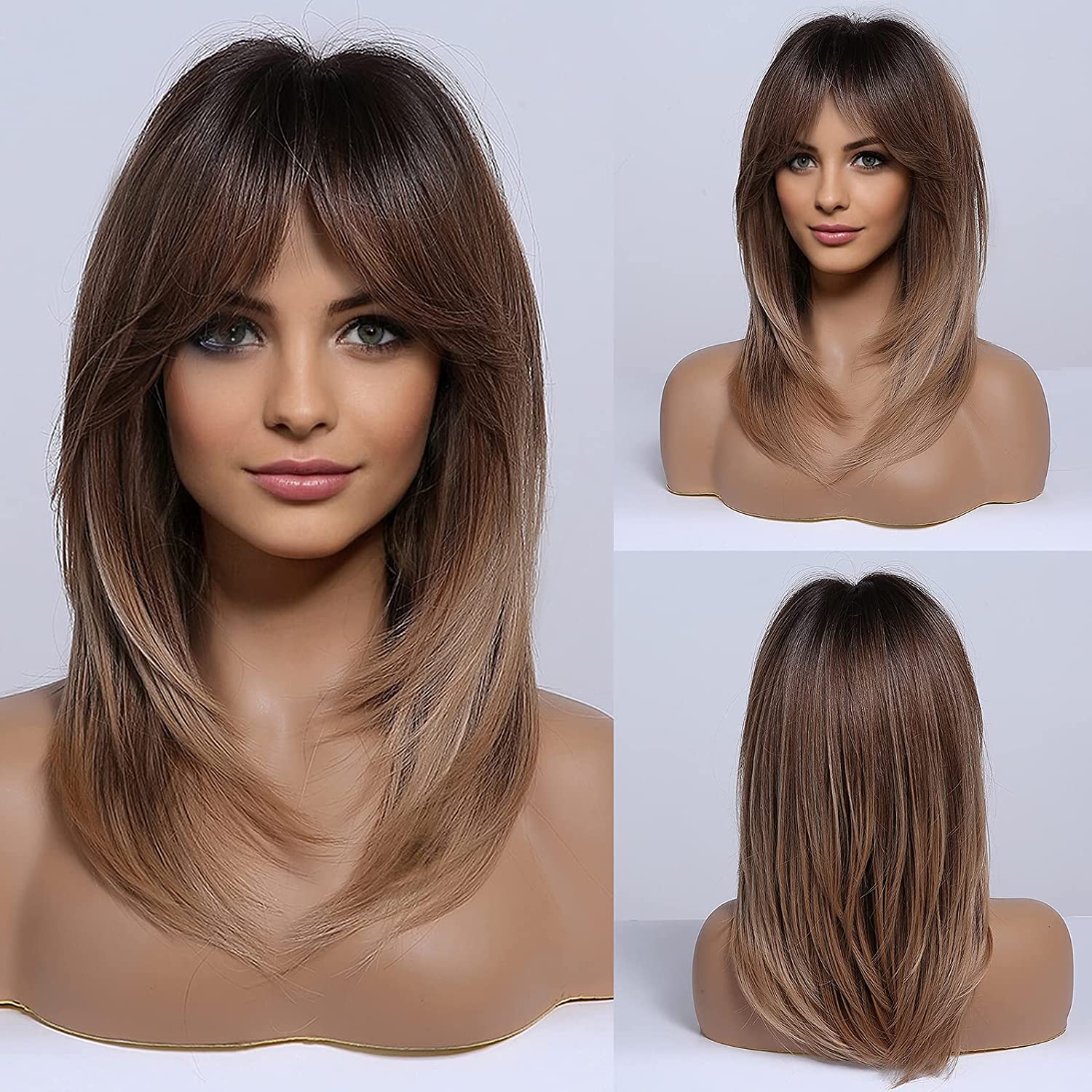 Haircube Long Layered Wigs For Women Synthetic Hair Wig With Bangs Ombre Brown To Blonde With 7427