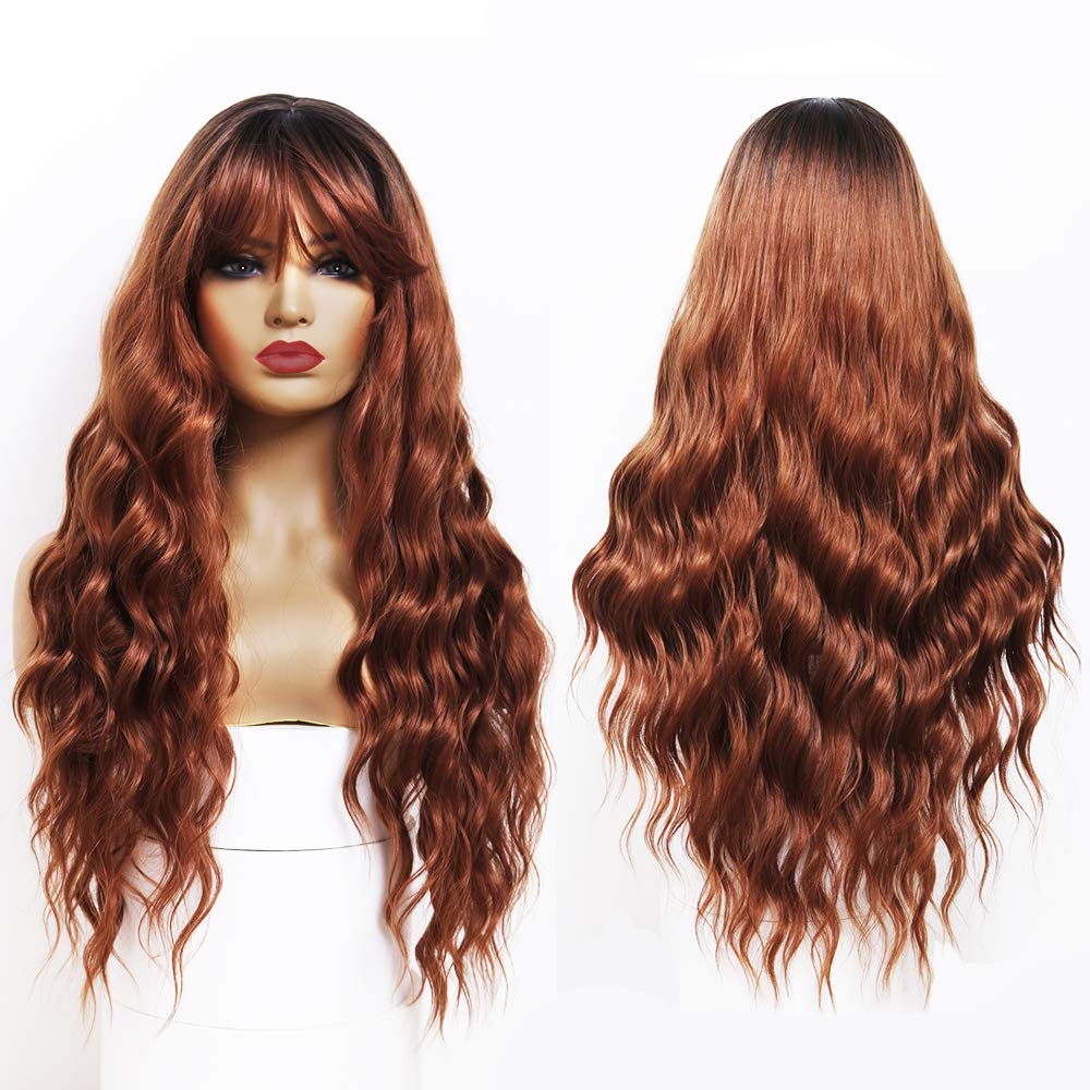 ANDRIA Natural Wave Wigs with Bangs Honey Brown Wigs for Women Dark
